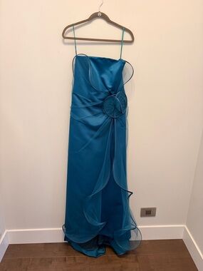 Teal Strapless Evening Gown with Organza Rosette